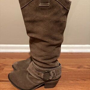 Brown Suede Western Mid-Calf Boots – Buckle Detail – Size 6.5M (Used)